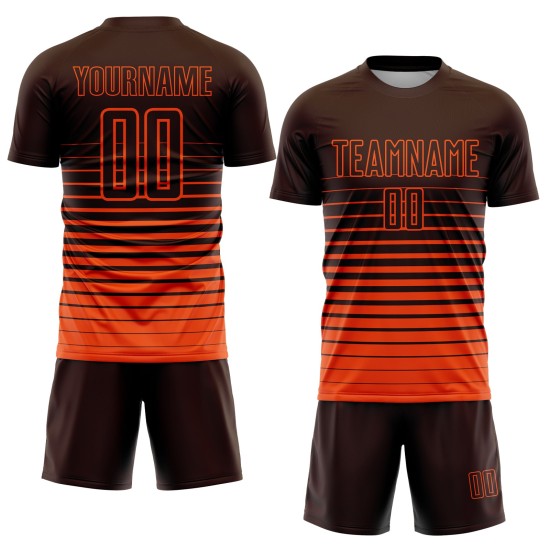 Maglia da calcio personalizzata con stampa sublimatica a righe marroni e arancioni sfumate